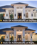 Front view of a house with 2 Pack LED Dusk To Dawn Outdoor Lights With Aluminum Sensor Waterproof Exterior Fixtures, day and night comparison