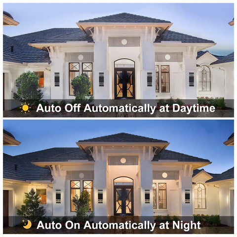 Front view of a house with 2 Pack LED Dusk To Dawn Outdoor Lights With Aluminum Sensor Waterproof Exterior Fixtures, day and night comparison