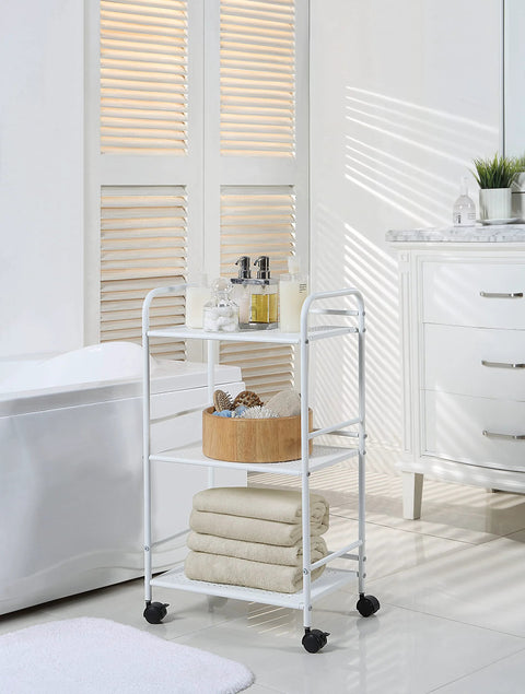 Three Tier Rolling Utility Cart With Metal Shelves On Wheels White Finish for kitchen office and home organization