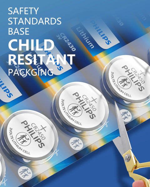 Heavy Duty 3V Lithium CR2450 Coin Cell Battery 5 Pack in child resistant packaging with safety standards.