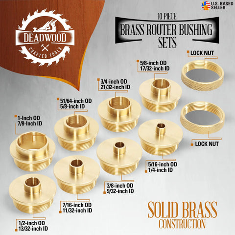 Ten-piece brass router bushing set with black carrying case; Deadwood brand router guides, sizes 5/16 to 1 in.