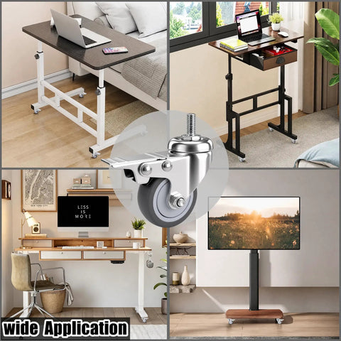 2 Inch M8-1.25 Metric Caster Wheels With Locking Brakes Set Of 4 TPR Swivel Casters showcased on rolling desks in various settings.