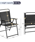 Dimension details of black Outdoor Folding Patio Chairs Set Of 4 for the backyard and porch, easy fold and portable, stackable with metal frames.