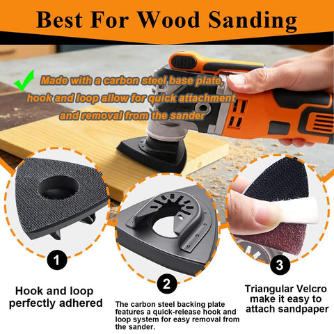 114 Pcs Pro Grade Oscillating Tool Sanding Pads Kit With 2 Triangular Pads And 2 Finger Pads 110 Pcs Sandpaper Grit From 60 To 240 For Finishing Wood Metal Plaster Leather Includes 5 Grit Levels And 2 Brackets Compatible With Most Oscillating Tools in use for wood sanding with carbon steel base and velcro attachment.