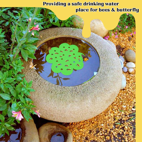 5 Pack Floating Bee Islands With 6.5 Inch EVA Flower Shaped Watering Stations in garden pond with bees and butterfly.