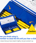 Travel Ready All In One Magnetic Eyeglasses Repair Kit with screws, nose pads, screwdrivers in blue case shown open with content.