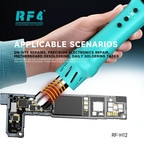 Integrated Hot Air Rework Gun With Sleep Dock For Tight Spaces, Up To 500 Degrees, showing usage on PCB repair.