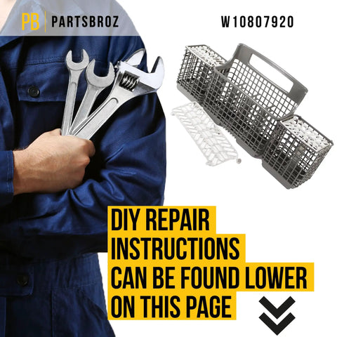 Silverware Basket For Whirlpool And Kenmore Dishwashers Replacement W10807920 with wrenches and repair instructions backdrop