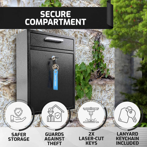 Locking Mailbox Wall Mount Outdoor Steel With Keys Large Weatherproof Drop Box For Home And Office Galvanized Built To Last Construction For Ultra Secure Mail Delivery And Easy Access Today on brick wall featuring keychain.