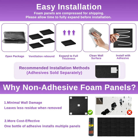 Instructions on installing Top Shelf Acoustic Foam Panels 52 Pack Wedge Sound Dampening Wall Tiles for easy setup and optimal use.