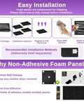 Installation guide for Premium High Density Acoustic Foam Panels 52 Pack Dampening Wall Tiles, showcasing different stages of setup.