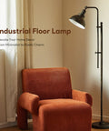 Tall Industrial Floor Lamp With Adjustable Height And Head, Vintage Metal Standing Reading Lamp in living room setting