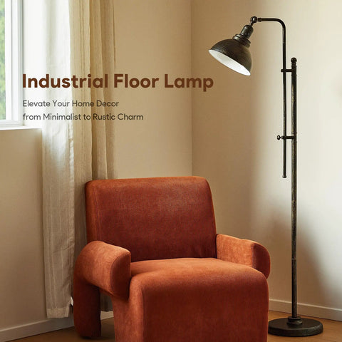 Tall Industrial Floor Lamp With Adjustable Height And Head, Vintage Metal Standing Reading Lamp in living room setting