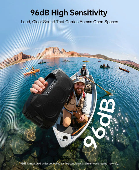 Men kayaking with Rugged Outdoor Bluetooth Speaker IPX7 Waterproof, 90W Peak Power, Portable with Handle, 96dB sound.