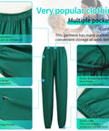 Unisex Medical Scrubs Set With Jogger Pants And Multi Pocket Top, Adjustable Drawstring Waist For All Body Types, Breathable Moisture Wicking Fabric, Flexible Fit, Durable Uniform For Nurses And Doctors featuring elastic waistband and large cargo pockets.