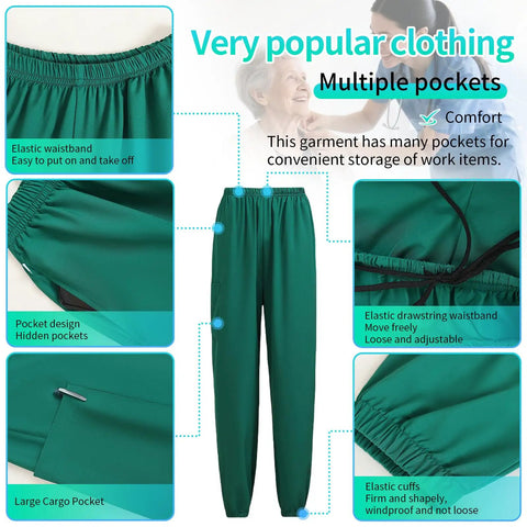 Unisex Medical Scrubs Set With Jogger Pants And Multi Pocket Top, Adjustable Drawstring Waist For All Body Types, Breathable Moisture Wicking Fabric, Flexible Fit, Durable Uniform For Nurses And Doctors featuring elastic waistband and large cargo pockets.
