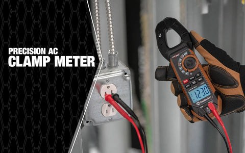 Clamp Meter 400A AC DC True RMS With Hands Free Testing 21530T measuring electrical circuit current, glove holding black brown device