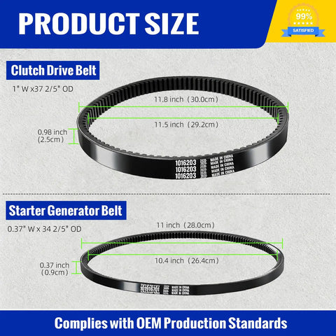 Club Car DS Precedent Drive Belt And Starter Generator Belt Kit For Golf Cart 1997 Up And Precedent 2004 Up For FE290 FE350 Motors Replaces 101916701 1016203 showing product size specifications.