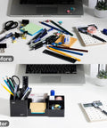 Desk Organizer With Pencil Holder And Sticky Note Tray Plastic Desktop Caddy For Office Supplies Six Compartments Black Finish