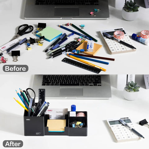 Desk Organizer With Pencil Holder And Sticky Note Tray Plastic Desktop Caddy For Office Supplies Six Compartments Black Finish