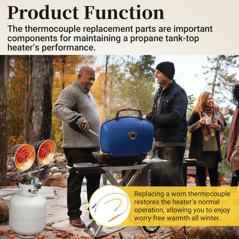 Blue propane tank-top heater with thermocouple safety assembly on stand; outdoor gathering with propane tank.