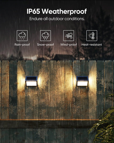 Solar Outdoor Deck Step Lights With Three Sided LED Lamps, 12 Pack, 1000mAh Battery, Waterproof Backyard Path Fence Post Dock Patio Garden Lighting, Warm Yellow on wooden fence in rain