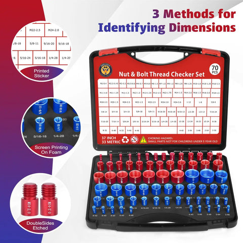 70 Piece Thread Checker Set For Nuts And Bolts, Includes 37 Inch And 33 Metric Gauge Box, SAE And Metric Sizes, Compact Kit