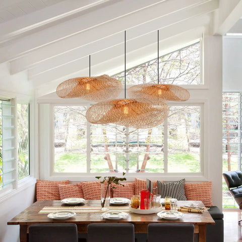 Farmhouse Bamboo Woven Pendant Light Fixture Handwoven Natural Bamboo Twisted Lampshade Boho Beachy Vibe For Kitchen Island Dining
