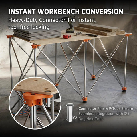 Beefed Up Portable Folding Workstand With 2x4 Foot Span, 2500 Lbs Capacity, Thickened Legs, Round Steel X Braces, workbench conversion