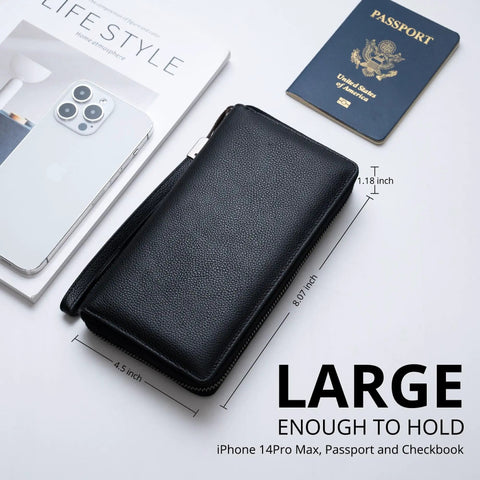 Women RFID Blocking Leather Wallet Zip Around Phone Clutch With Large Capacity 17 Card Slots And ID Window Travel Pouch Wristlet Genuine Leather Organizer For Everyday Carry Stylish Black on table with passport and phone