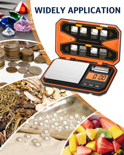Handy High Precision Pocket Scale For Everyday Weighing 500g X 0.01g With 50g Calibration Weight Mini 6 Unit Jewelry Scale shown with various items