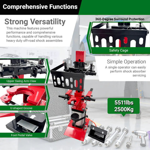 Heavy Duty Pneumatic Strut Compressor Badass Floor Setup Air Driven Shock Spring Remover showing safety cage and foot pedal valve.