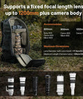 Pro Telephoto Lens Backpack For DSLR And Mirrorless Gear With 600 To 1200mm Support Big Opening Access showcasing lens compatibility.