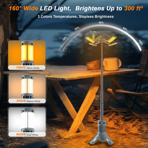Rechargeable Telescopic Camping Lantern With Stand And Magnetic Base 12000mAh Power Bank RGB Lighting next to camp table