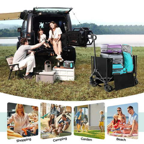 Collapsible Wagon Cart With Wheels 150L Foldable Grocery Wagon With Removable Side Walls 200Lbs Capacity Heavy Duty Utility Cart