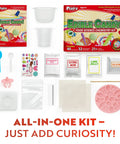 Hands On Edible Candy Making Science Kit For Kids Ages 8 To 12 With 40 Fun Experiments, lab tools, and ingredients displayed.