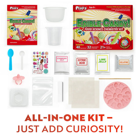 Hands On Edible Candy Making Science Kit For Kids Ages 8 To 12 With 40 Fun Experiments, lab tools, and ingredients displayed.
