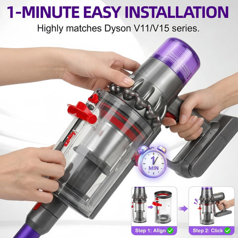 Hands installing Replacement Dust Bin And HEPA Filter Kit For V11 And V15 Series Vacuum Cleaners SV14 SV15 SV22 Fixes Broken Latch Restores Suction And Easy Dirt Cup Access