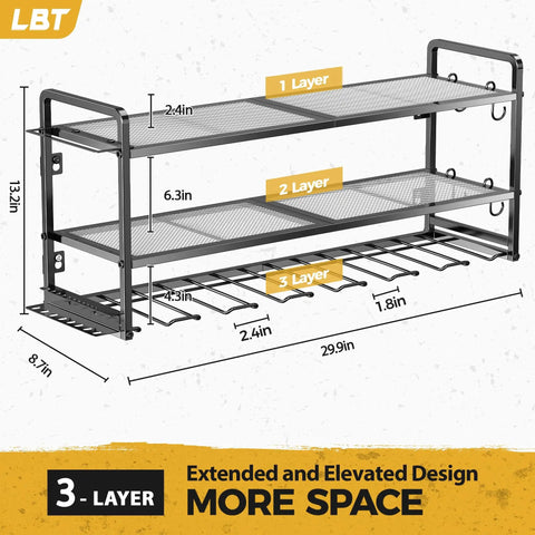 Wall Mount Power Tool Organizer With Seven Cordless Drill Holders, Heavy Duty Metal Tool Rack, shown with dimensions