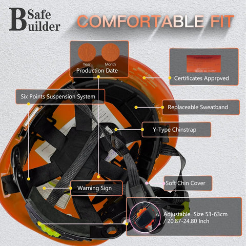 Orange Construction Safety Helmet With Clear And Tinted Visors And Earmuffs Hearing Protection, Six Point Suspension, Adjustable Head Size 53 To 63 Cm, Comfortable Fit For Engineers And Pros On Busy Industrial Job Sites