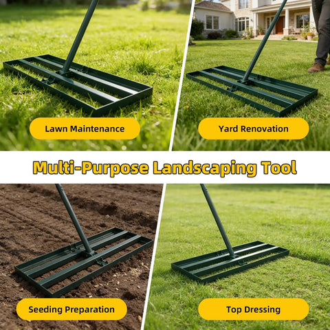 Pro Grade Lawn Leveling Rake With 70 Inch Adjustable Handle, 30 By 10 Inch Wide Head used for lawn maintenance and top dressing