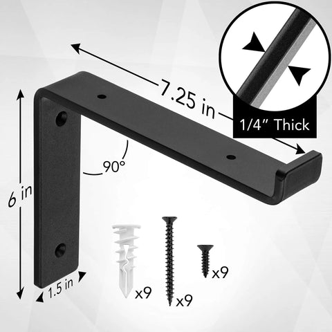 Heavy-Duty Shelf Brackets Set With Lip, Construction-Grade One Quarter Inch Steel, Matte Black Iron Finish, 7.25 x 6 in with hardware