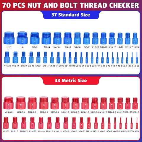 70 Piece Thread Checker Set For Nuts And Bolts, Includes 37 Inch And 33 Metric Gauge Box, SAE And Metric Sizes shown