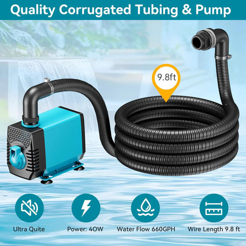 Pond Waterfall With Pump Kit 304 Stainless Steel Spillway Easy Install 40W 660GPH Pump 9.8Ft Corrugated Tubing For Garden Ponds 12Inch Water Feature Durable Outdoor Display showing pump and tubing