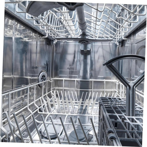 Interior view of a dishwasher displaying white rack design, ideal for using with 50 Piece Flexible Dishwasher Rack End Covers Tough Vinyl Caps For Prong Guard.