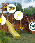 Kids Outdoor Playground Accessories Swingset Attachments With Pirate Ship Wheel Toy Telescope Telephone And Safety Handles In Yellow And Green Built To Last Durable Playset Add Ons displayed on a wooden playset with yellow slide and swing seats.