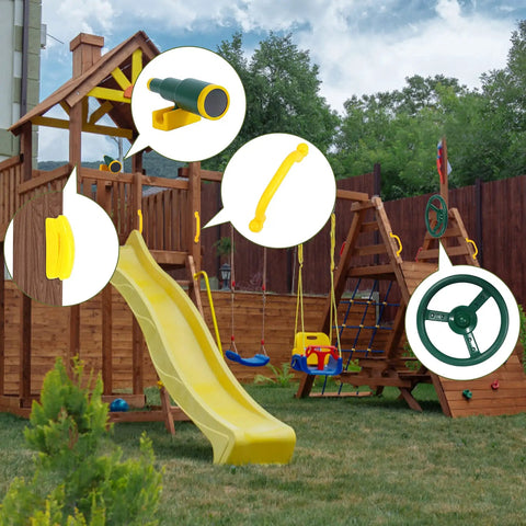 Kids Outdoor Playground Accessories Swingset Attachments With Pirate Ship Wheel Toy Telescope Telephone And Safety Handles In Yellow And Green Built To Last Durable Playset Add Ons displayed on a wooden playset with yellow slide and swing seats.