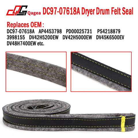 Upgraded Dryer Drum Felt Seal For Samsung Dryers, gray and yellow, coiled view, replaces OEM DC9707 AP4453798 PD00025731 PS4218879 3998155