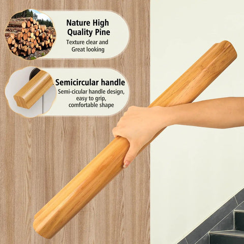 Wall Mounted Indoor Stair Railing Solid Pine Wood Handrail Heavy Duty Grab Bar With Non Slip Grip Built Tough To Handle Daily Use Supports Three Hundred Pounds with semicircular handle design for easy grip.