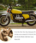 Yellow vintage motorcycle parked by a lake with a close-up of parts compatible with GY6 Stator Flywheel Puller Kit Beefed Up 24mm And 27mm With Clutch Lock Nut Spanner Tools 20mm And 24mm For 50cc To 150cc Motorcycles ATVs Dirt Bikes Scooters Parts.